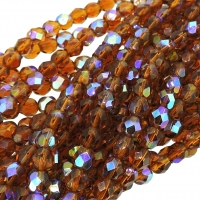 Fire Polished Faceted 6mm Round Beads 6"str - Dark Topaz AB