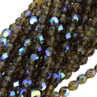 Fire Polished Faceted 6mm Round Beads 6"str - Smoky Topaz AB